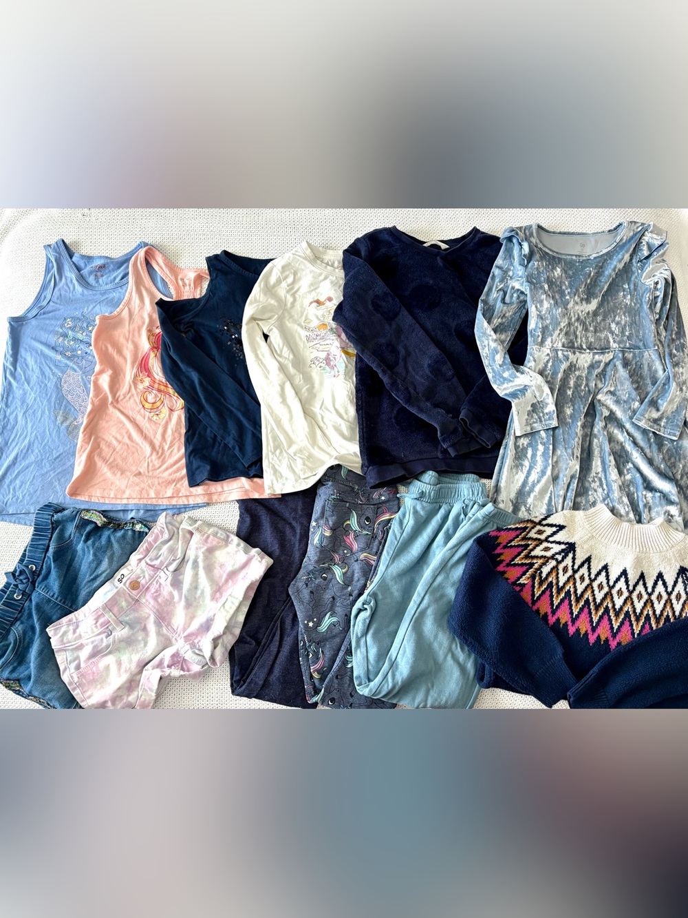 Muted blues and pink BTS bundle, tops. Shorts, leggings, dress, sweater,